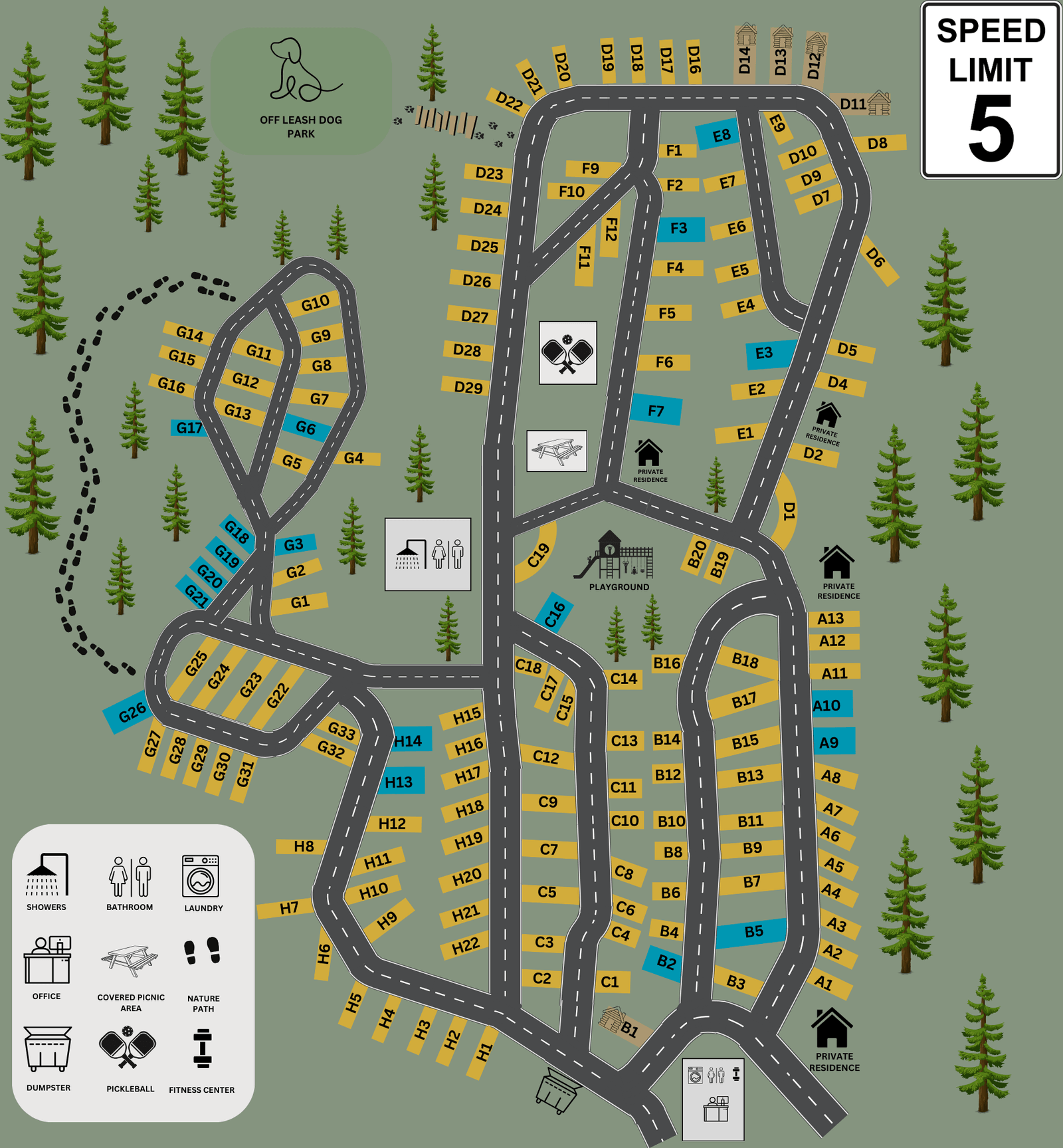 Map of Pioneer Trails RV Park showing site numbers, loops and amenities